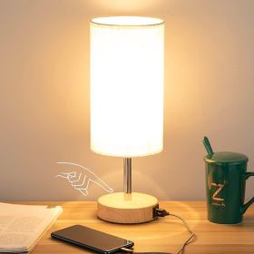 Yarra-Decor Bedside Table Lamp with USB Port - Touch Control for Bedroom Wood 3 Way Dimmable Nightstand Lamp with Round Flaxen Fabric Shade for L