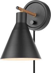 Electric 51725 1-Light Dimmable Plug-in or Hardwire Wall Sconce, Matte Black, Faux Walnut Accent, Stepless Dimming Rotary Switch on Canopy