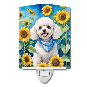 NEW White Poodle in Sunflowers Ceramic Night Light Compact, UL-Certified, Ideal for Bedroom, Bathroom, Nursery, Hallway, Kitchen, 6x4x3, Multicol