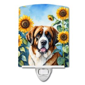 NEW Saint Bernard in Sunflowers Ceramic Night Light Compact, UL-Certified, Ideal for Bedroom, Bathroom, Nursery, Hallway, Kitchen, 6x4x3, Multico