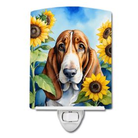 NEW Basset Hound in Sunflowers Ceramic Night Light Compact, UL-Certified, Ideal for Bedroom, Bathroom, Nursery, Hallway, Kitchen, 6x4x3, Multicol