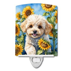 NEW Maltipoo in Sunflowers Ceramic Night Light Compact, UL-Certified, Ideal for Bedroom, Bathroom, Nursery, Hallway, Kitchen, 6x4x3, Multicolor