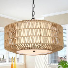Farmhouse Chandelier Light Fixture,4-Light Rattan Boho Chandeliers For Dining Room With Fabric Shade (Color: Brown)