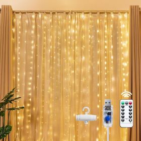 300 LED Fairy Curtain Lights, 9.8ft x 9.8ft Warm White Curtain String Lights, USB Plug in 8 Lighting Modes Christmas Decoration (Color: Warm White)